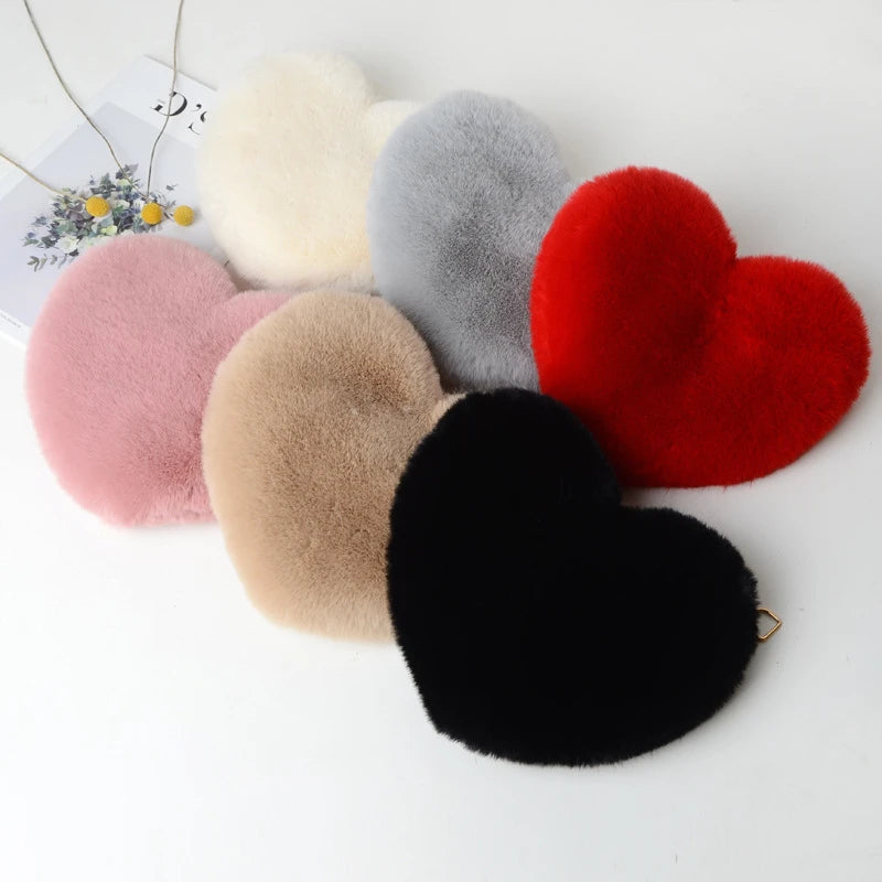 Corduroy Floral Casual Tote | Soft Cute Heart-Shaped Faux Fur Chain Shoulder Bag Luxegan