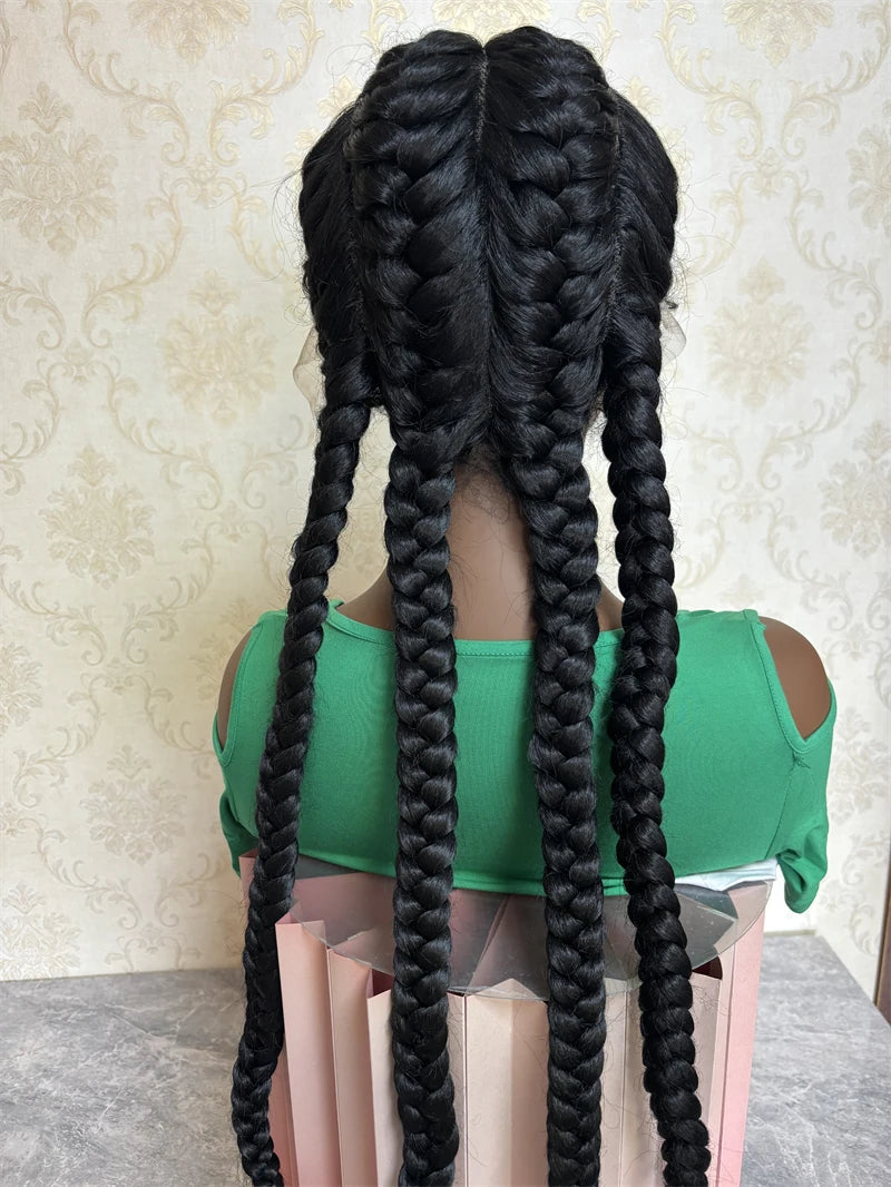 4-Braids Full Lace Braided Wig | Natural Dark Synthetic Wig | Heat Resistant | Black Women Luxegan