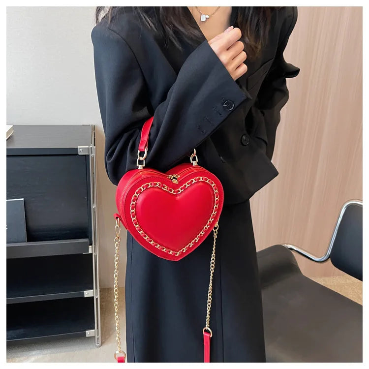Women’s Red Love Heart-Shaped Shoulder Bag | Fashion Heart Crossbody Bag with Embroidery | Elegant Ladies' Chain Purse & Heart Clutch | Romantic PU Leather Flap Bag Luxegan
