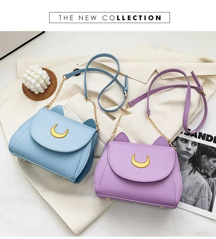 Sailor Moon Inspired Luna Cat Bag | Sophisticated PU Leather Square Shoulder Purse | Elegant Black Chain-Strap Messenger | "Dignified" Soft Crossbody for Versatile Fashion Styling Luxegan