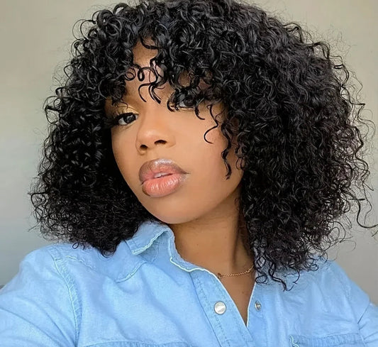 Jerry Curly Short Bob Human Hair Wig with Bangs | Glueless Highlight Honey Water Wave Blonde Wig for Women (Ready-to-Go) Luxegan