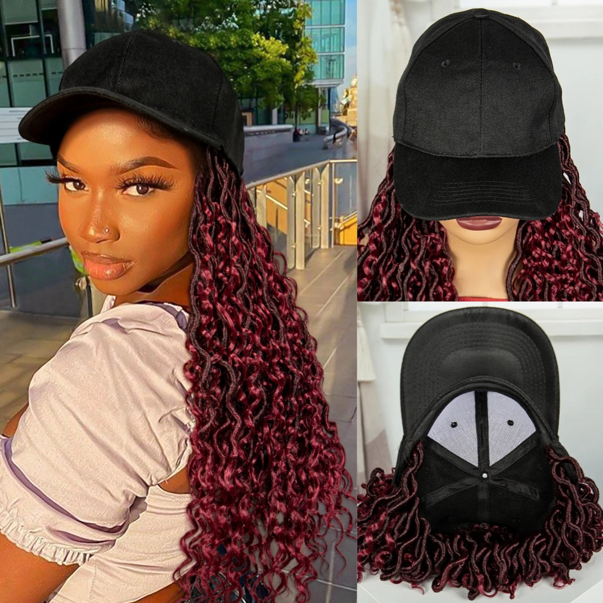 Burgundy Knotless Braids Hat Wig with Curly Ends | Adjustable Baseball Cap Luxegan