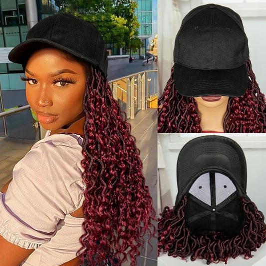 Burgundy Knotless Braids Hat Wig with Curly Ends | Adjustable Baseball Cap Luxegan