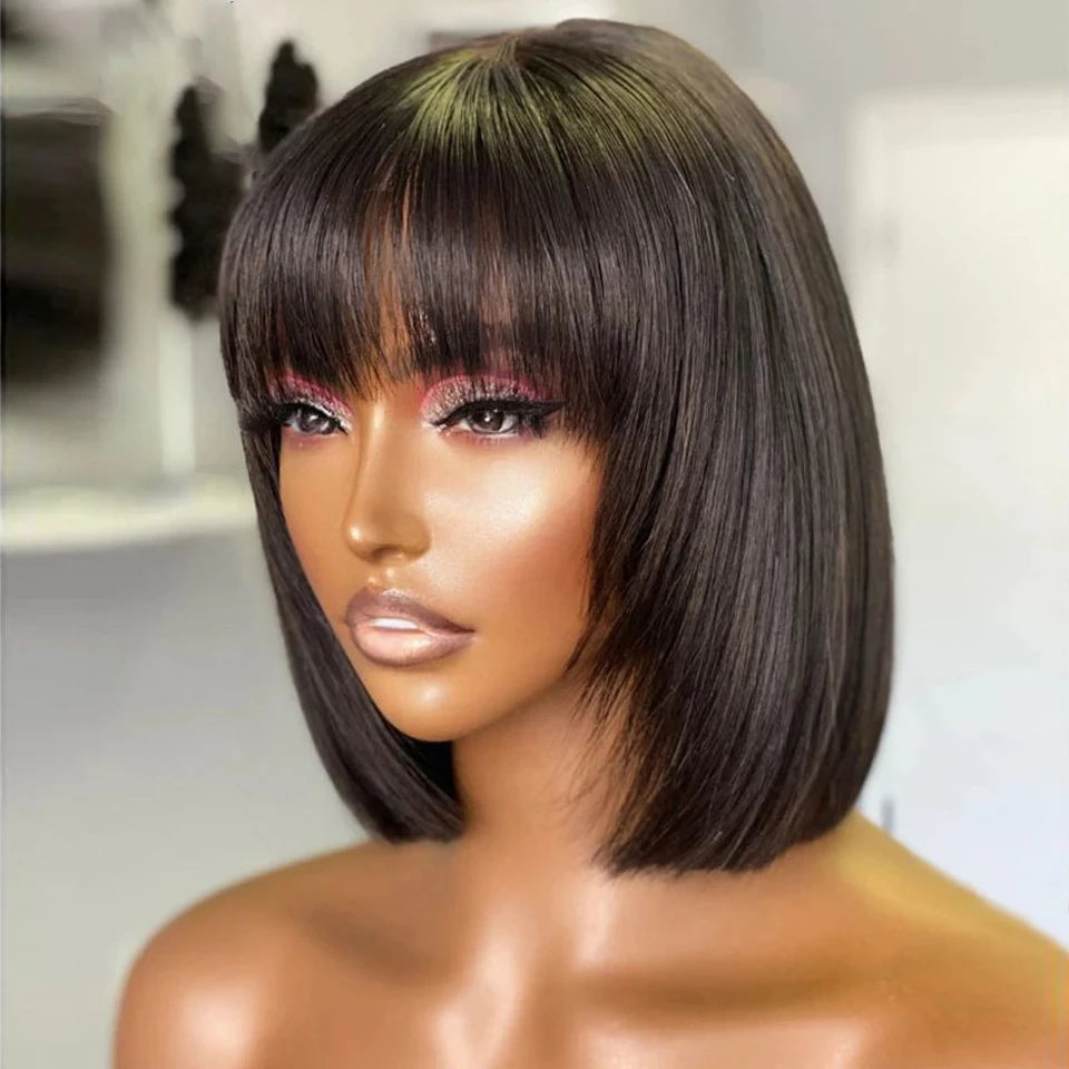 Silky Straight Bob Wig with Bangs | 100% Human Hair Full Machine Made (8-12 Inch) Luxegan