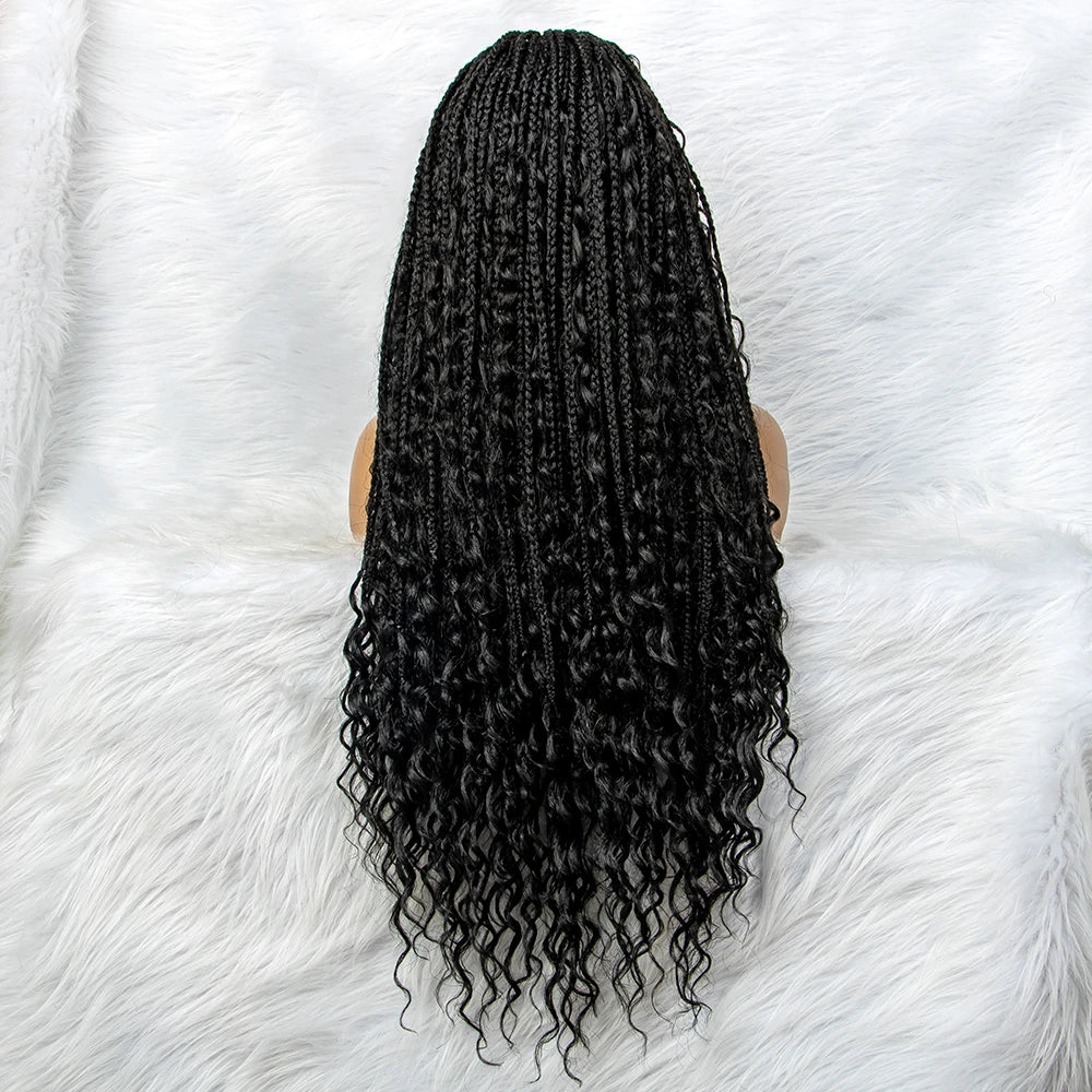 Curly End Box Braids Lace Frontal Wig with Baby Hair | Synthetic Full Lace Braided Wig for Black Women Luxegan