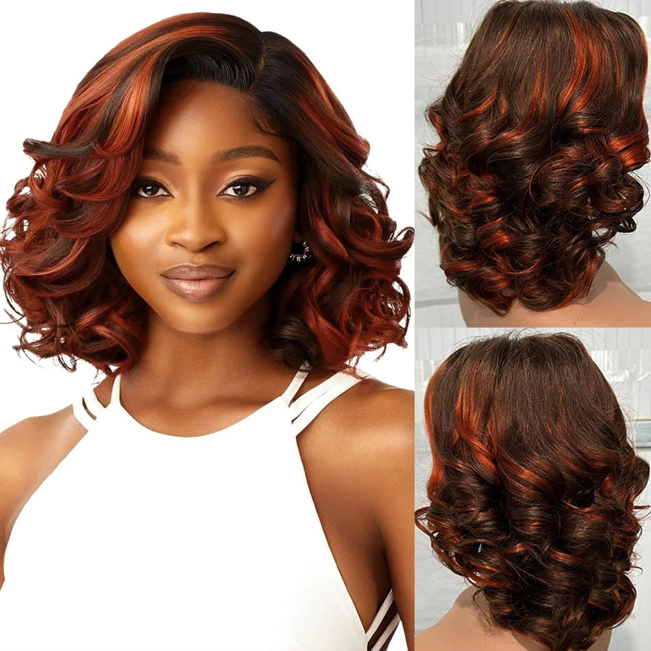 Malaysian Hair | Double Drawn | P4 27 | Ombre | Highlight | Bouncy Wave | Wear and Go | Glueless | Human Hair | Bob Curly Wigs Luxegan