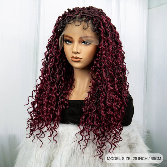 Burgundy 26" 99J Knotless Box Braids Wig | Curly Ends | Faux Locs | Swiss Lace Front | Braided Wigs for Black Women