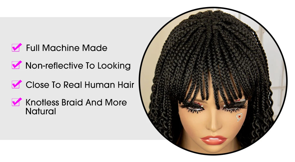 Short 14" Bob Braided Wig | Curly Knotless Box Braids | Synthetic Machine Made Wig | For Black Women - Luxegan