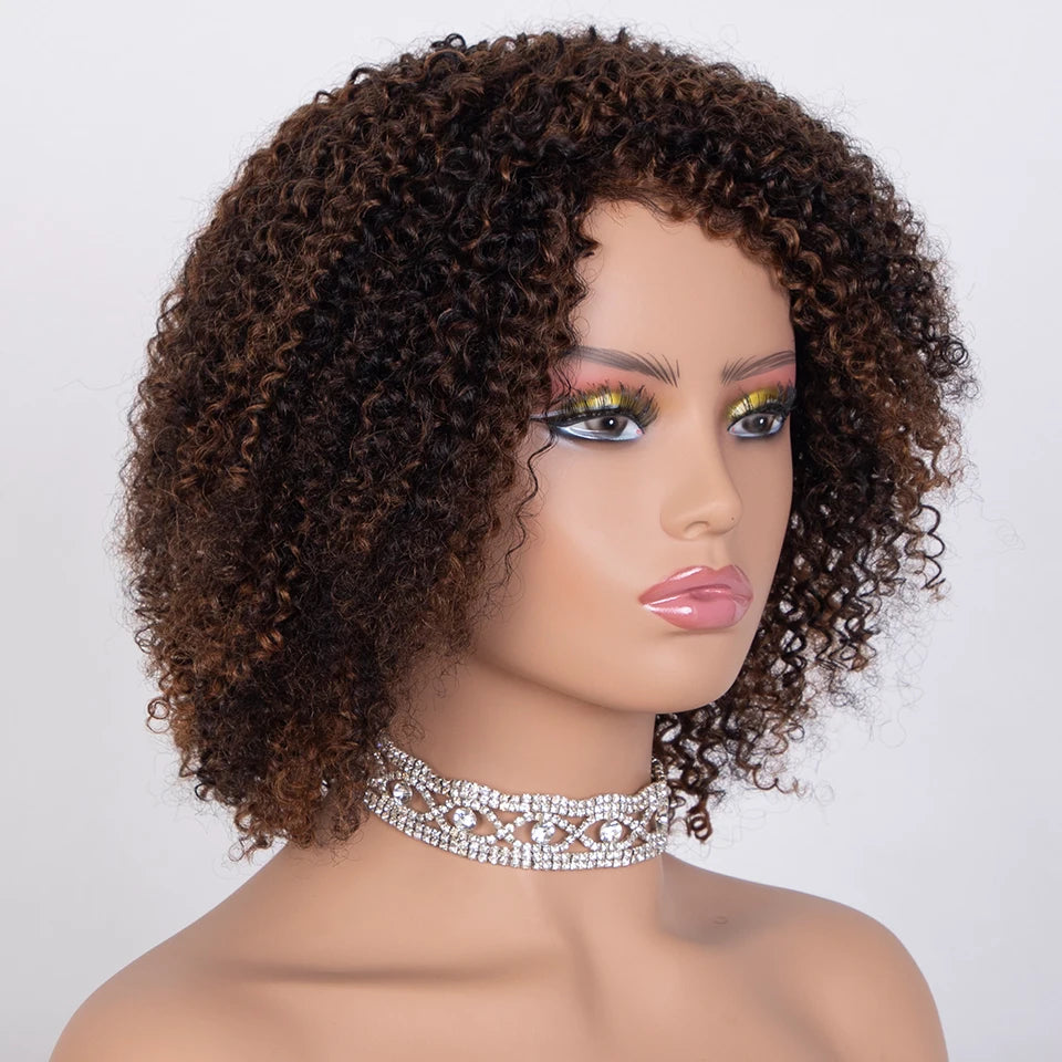 Sleek Ombre Highlight Kinky Curly Human Hair Wig | Peruvian Curly Bob Luxegan
