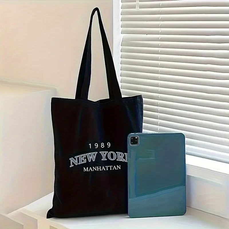 New York Print Women's Canvas Tote Bag | Classic Large Capacity Shopper | Sustainable Square Canvas Shoulder Bag & Handbag Luxegan