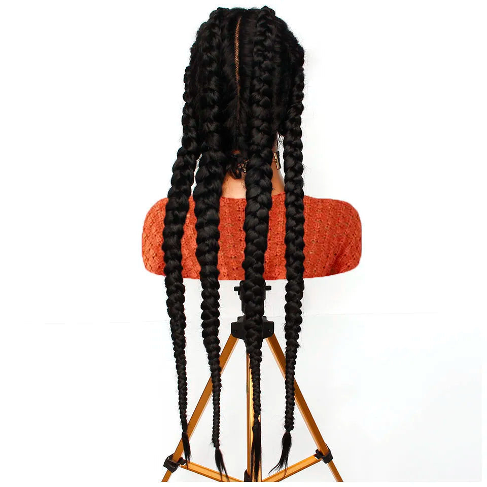 Long Cornrow Braided Lace Front Wig | Glueless Box Braids | Transparent Lace | Black Synthetic Wig