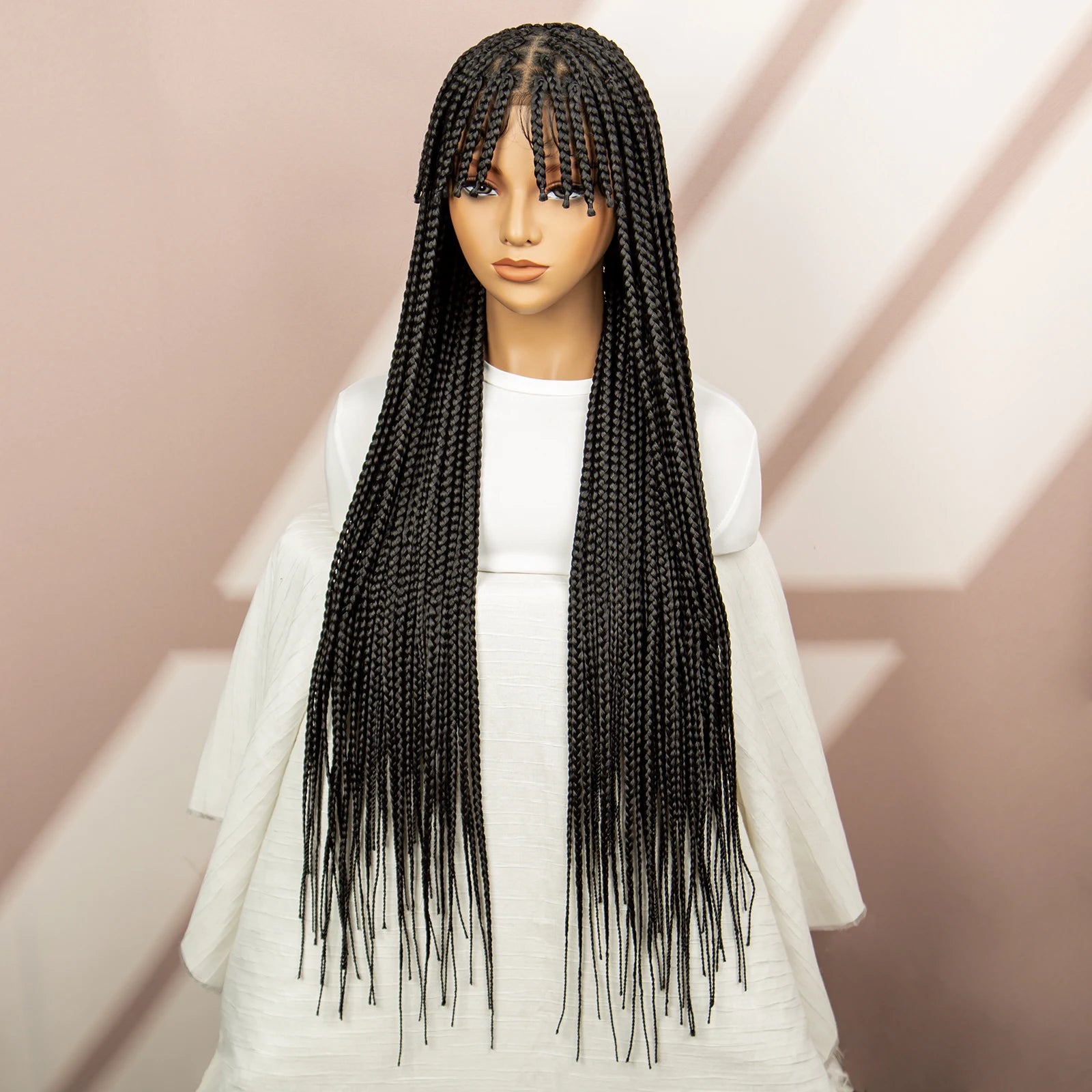 34" Box Braided Full Lace Wig | Braids with Bangs | Synthetic Hair Wig for Black Women | Kanekalon