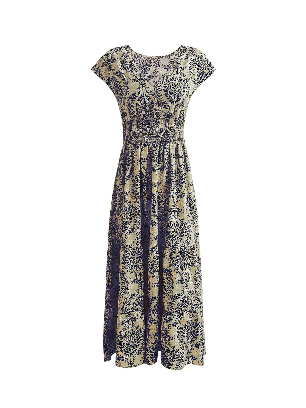Women's Vintage Floral Printed Long Dress Jumpsuit | Elegant V-Neck Short-Sleeve Maxi | Slim-Fit Ankle-Length Office Lady Summer Gown Luxegan