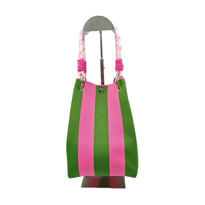 Niche Knitted Ring Buckle Top Handle Bag Handmade Knitting Bucket Bag | Magnetic Buckle Handbag Women Fashion Totes Bag Wrist Bag Luxegan