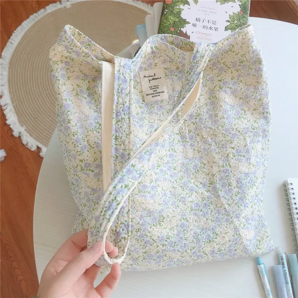 Cotton Floral Women's Bag | Large Canvas Shopping Shoulder Bag for Grocery | Reusable Foldable Female Students Books Tote Handbags Luxegan