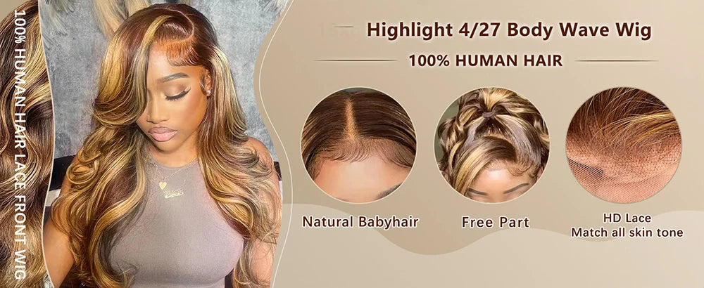 Highlight Ombre 4/27 Lace Front Wig | Honey Blonde Body Wave | Pre-Plucked Baby Hair | HD Lace | 200% Density