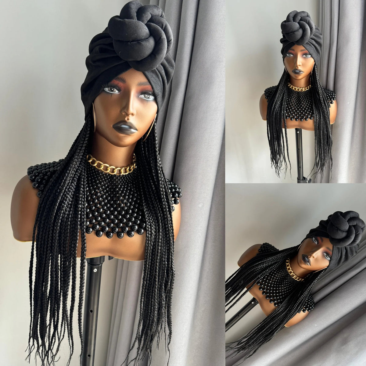WIGERA Long 24“ Black Box Braided Synthetic Wig With Headband Turban Hat Box Braiding Hair Extensions Head Scarf Wigs For Women Luxegan