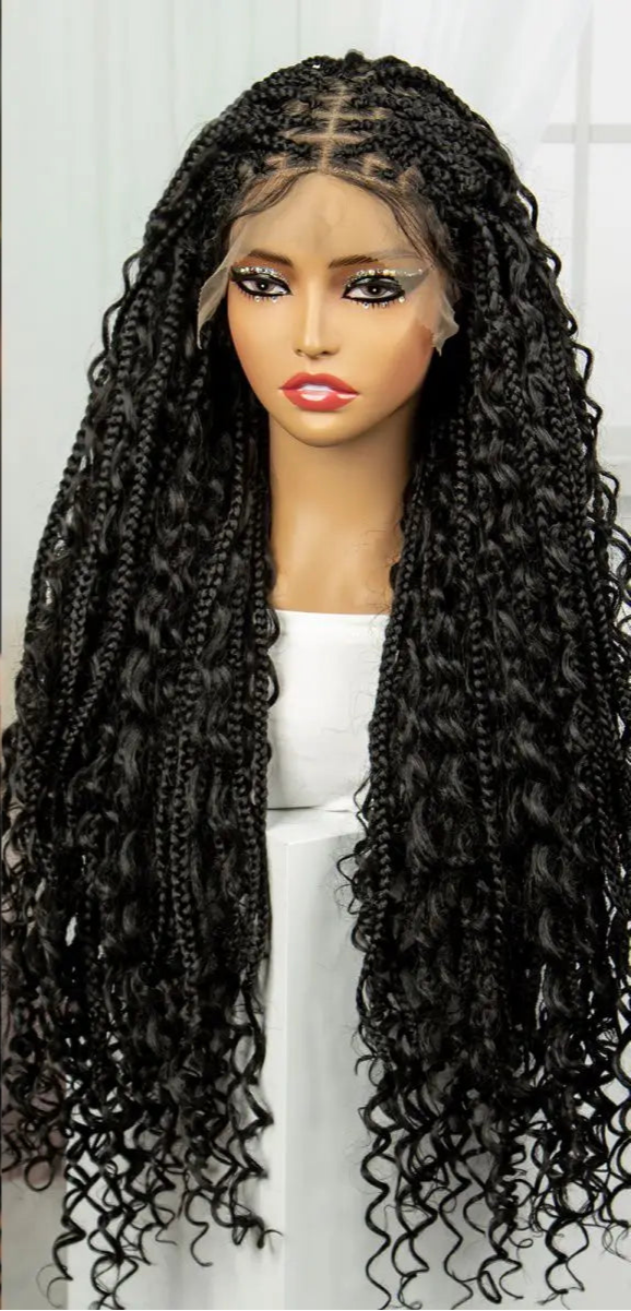 Burgundy Boho Knotless Braids Wig | Curly Ends | Lace Front | Baby Hair Luxegan