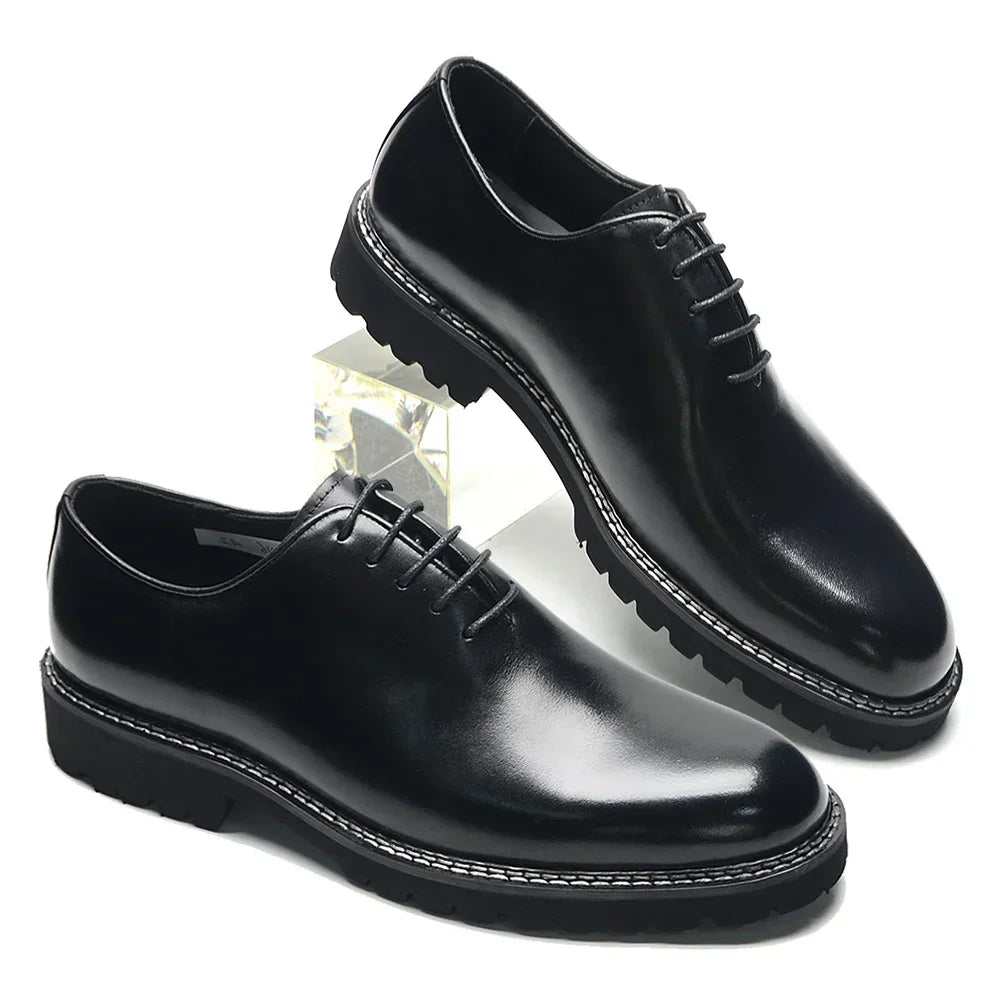 Elegant Black Men's Dress Shoes | Genuine Natural Whole Leather Oxfords (Height Increasing, Breathable) Luxegan