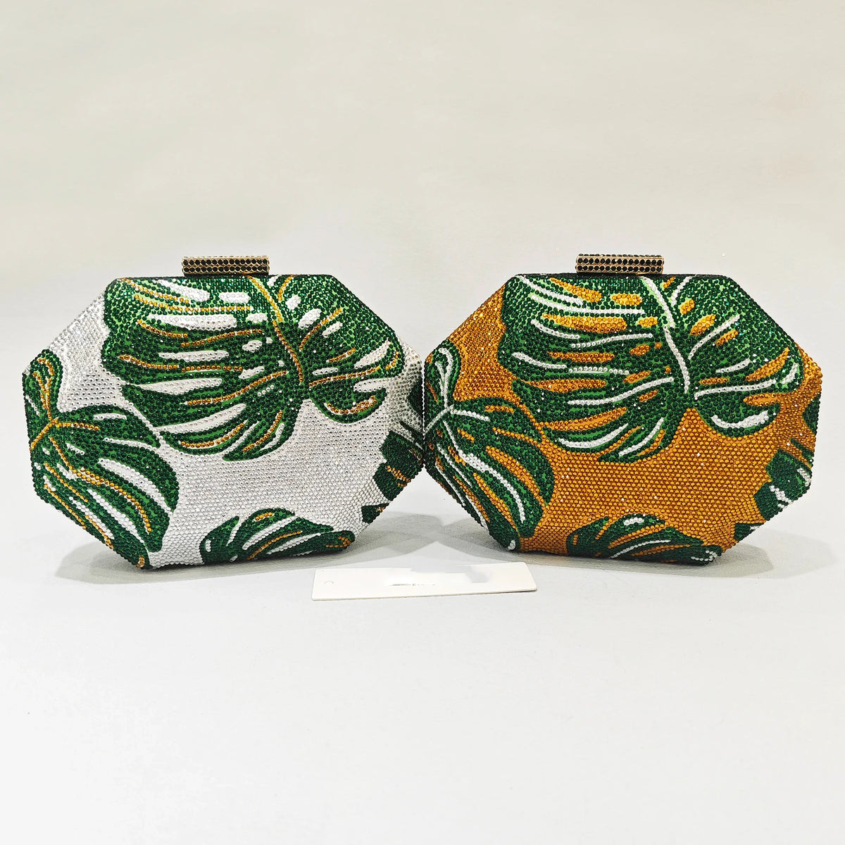 Green Leaf Diamond Evening Bag | Sophisticated Gold-Tone Crystal Wedding Clutch | Elegant Rhinestone Prom Handbag | "Dignified" Hard-Shell Floral Minaudière for Formal Party Styling Luxegan