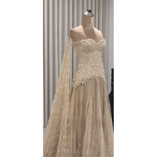 Women's Luxury Beaded Lace Evening Dress | Exquisite Sweetheart Neck Prom Gown | Elegant Crystal Sequined Tulle Floor-Length Dress | Premium Spaghetti Strap A-Line Robe with Built-in Bra Luxegan