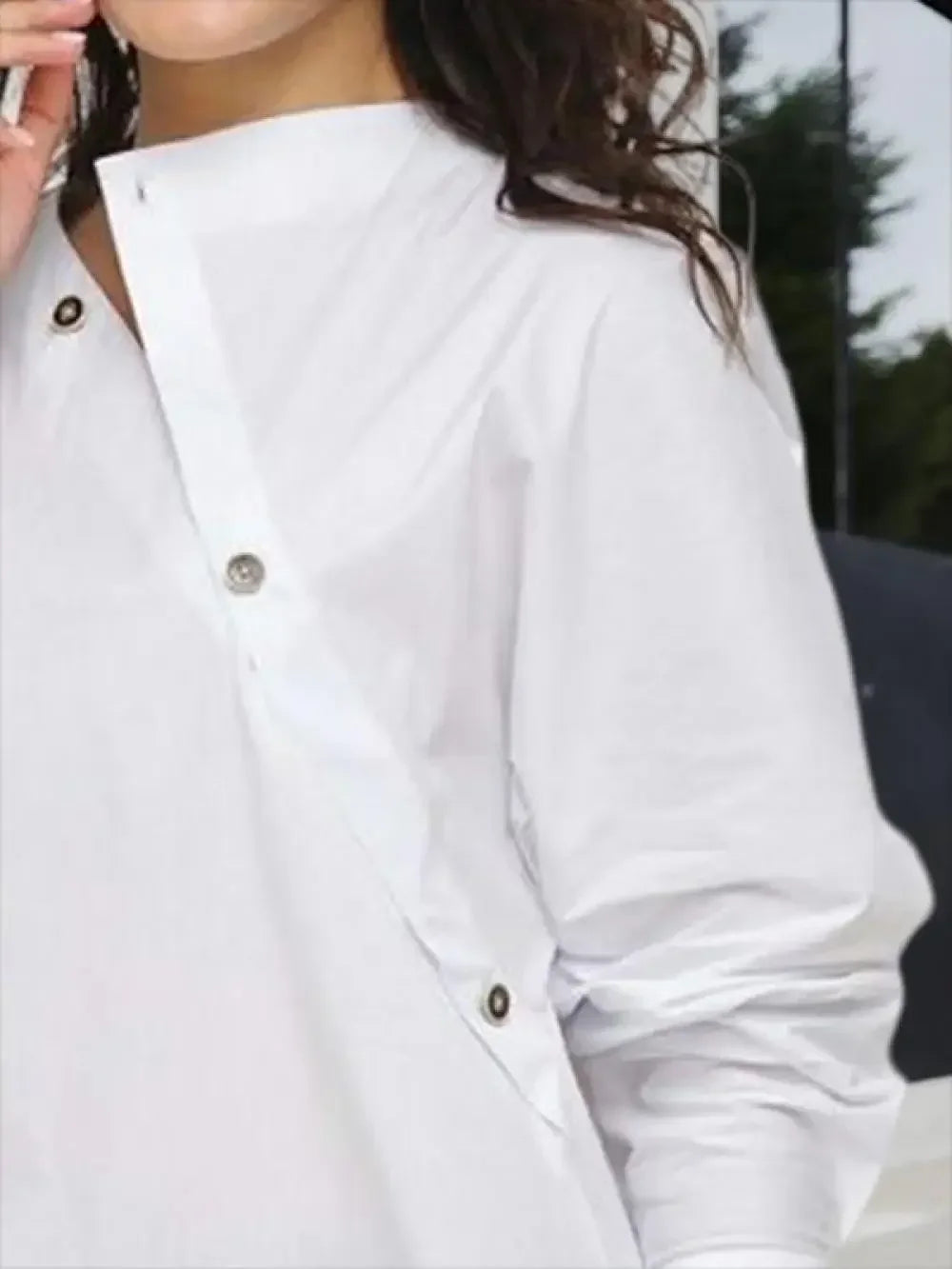 Asymmetric Button Split-Joint Summer T-Shirt | Sophisticated Solid White Long Sleeve Silhouette | Elegant "Loose Fit" Casual Gown | "Dignified" Tat-Woven Blended Fabric for Radiant Versatile Styling Luxegan