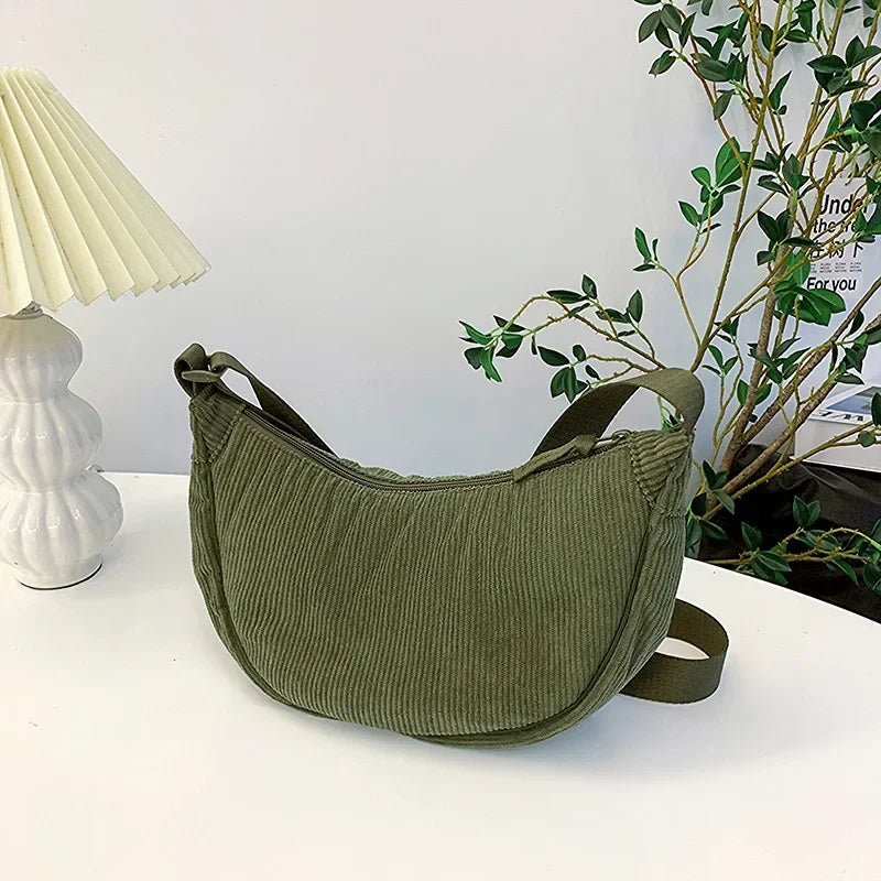 Solid Color Corduroy Women's Hobos Shoulder Bag | Retro Casual Female Crossbody Bags | Ladies Daily Travel Handbags Messenger Bag Luxegan