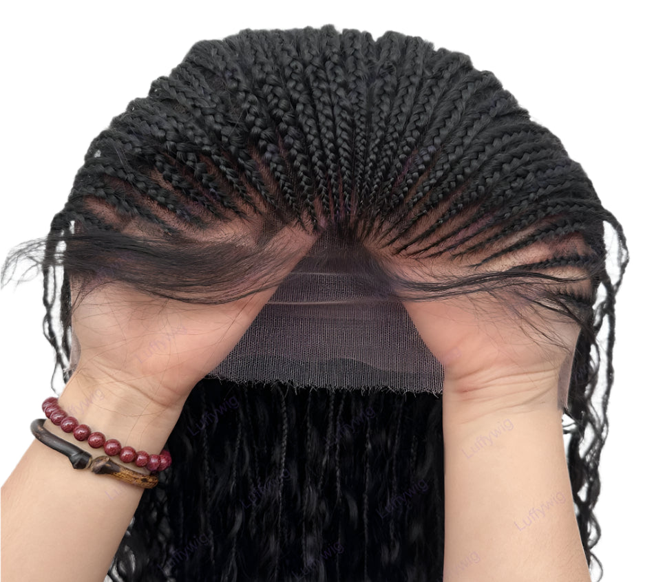Long Braided Wigs | Knotless Cornrow Wig | HD Full Lace Wig | Human Hair | Boho Box Braids | Curly Braided Wig | Natural Black