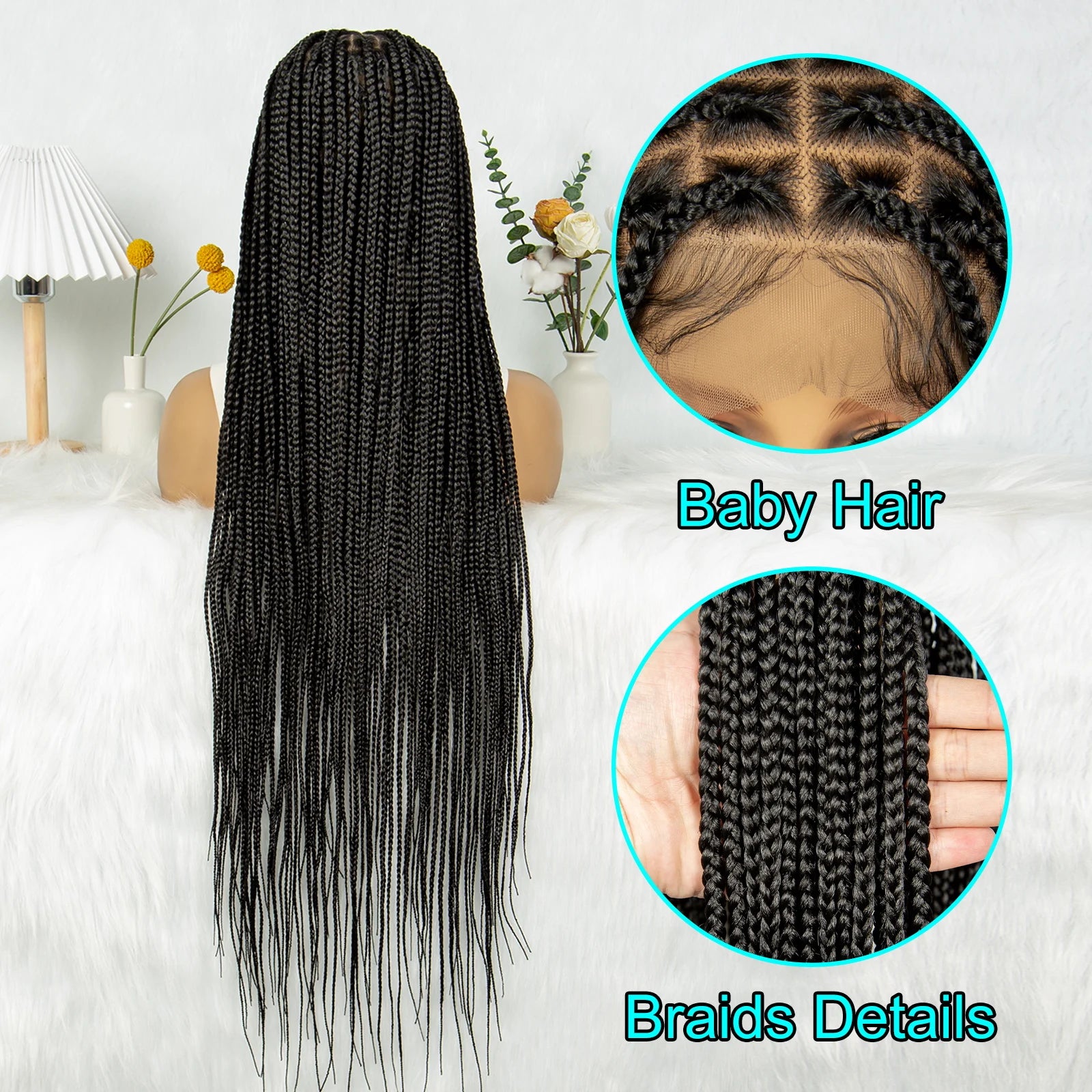 KIMA 34" Straight Box Braids Wig | Transparent Full Lace & Cornrow Detail Luxegan
