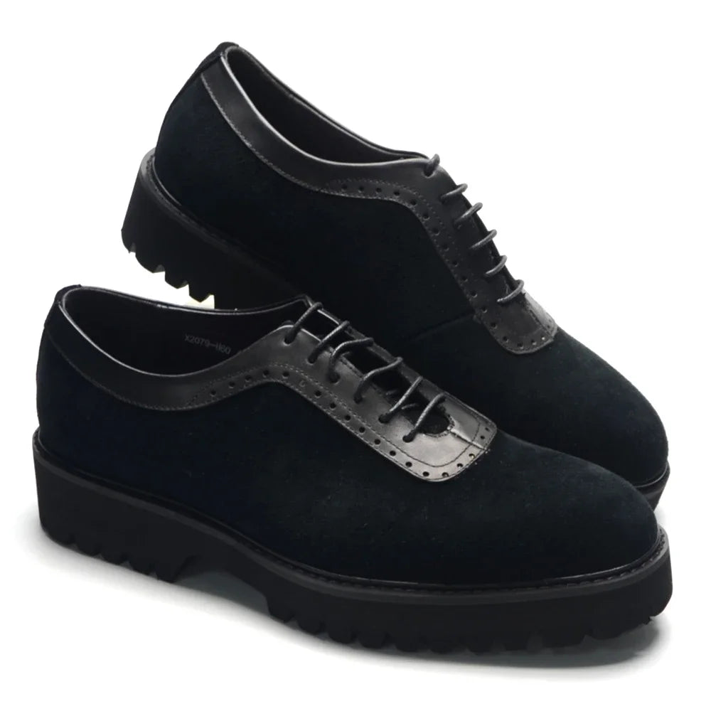 Designer Luxury Platform Oxfords for Men | Cow Suede Genuine Leather Black & Blue Casual Sneakers (Height Increasing) Luxegan