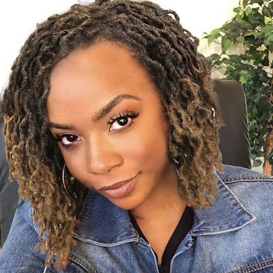 Short Goddess Faux Locs Wig | Brown Highlight Dreadlock Wig | Afro Braided Crochet Wig | Synthetic Hair
