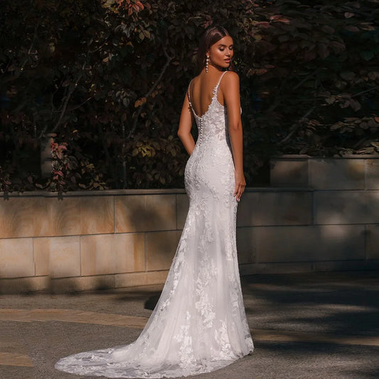 Sexy vestido de novia de sirena, escote en V, tirantes finos, apliques, sin mangas, bohemio, largo hasta el suelo, bata de novia para la playa, robe de mariée
