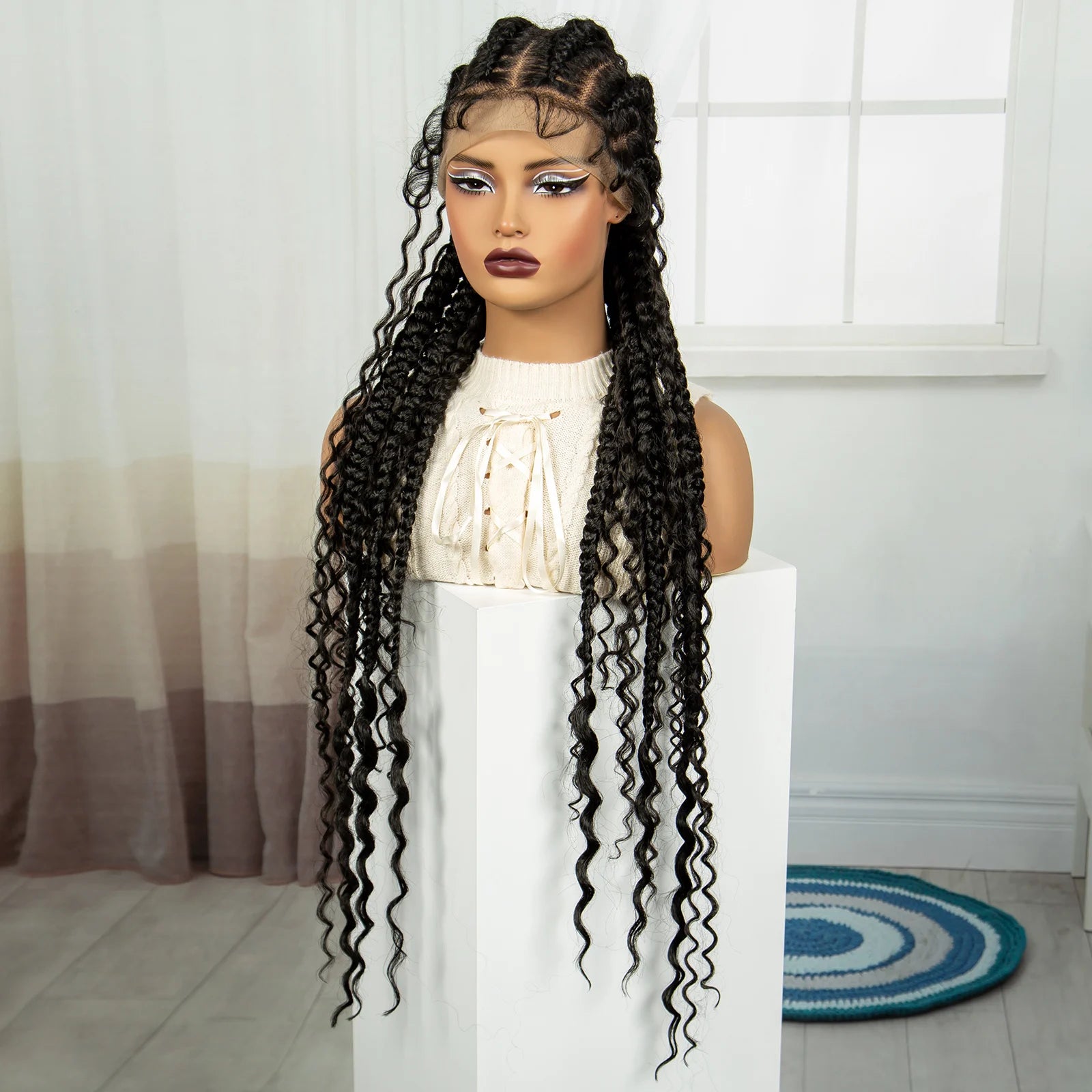 34" Cornrow Braids Wig with Curly Ends | Full Lace Frontal Luxegan