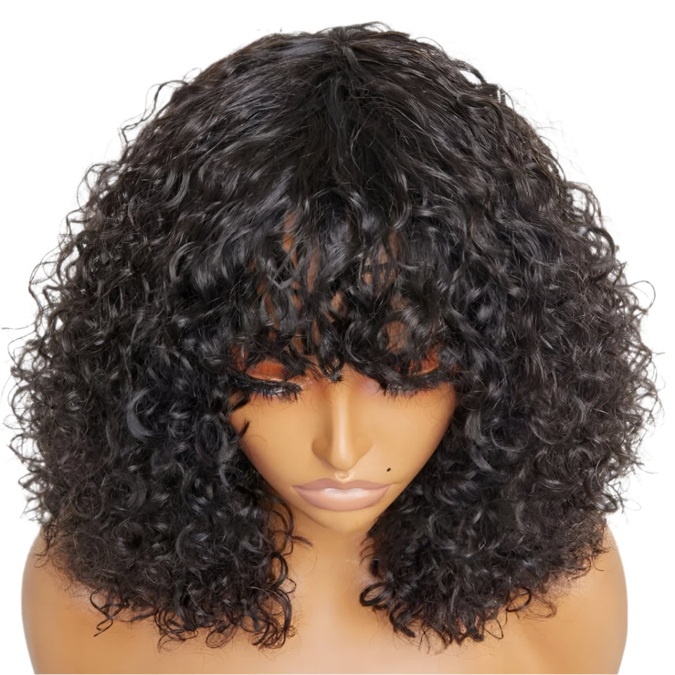 Highlight Honey Blonde Jerry Curly Pixie Bob Wig with Bangs | Full Machine Made Human Hair Luxegan