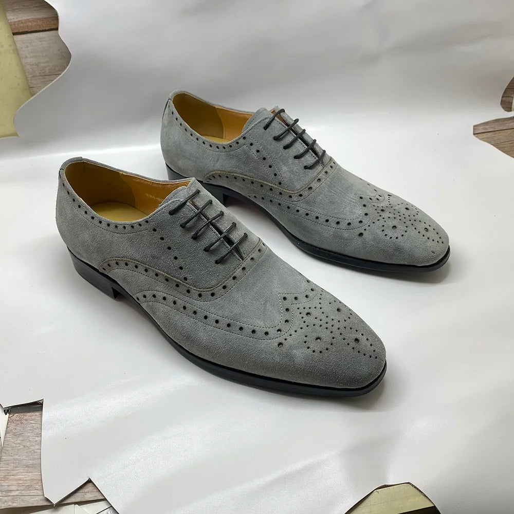 4 Colors Luxury Men's Genuine Leather Cow Suede Brogue Oxfords | Carving Design Casual & Wedding Dress Shoes Luxegan