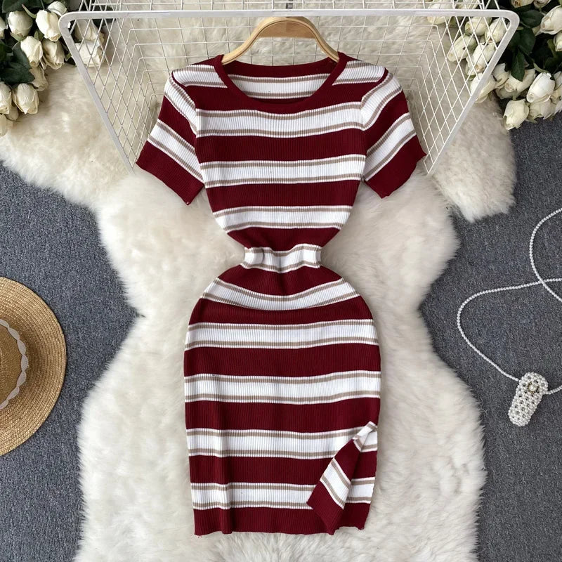 Striped O-Neck Short Sleeve Regular Fit Sheath Mini Dress – High Stretch Knitted Polyester, Empire Waist, Summer Luxegan