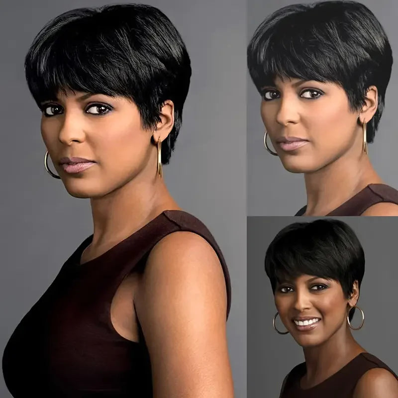 Short Pixie Cut Bob Human Hair Wig | Straight Remy Hair | Ready-to-Wear Machine Made Luxegan