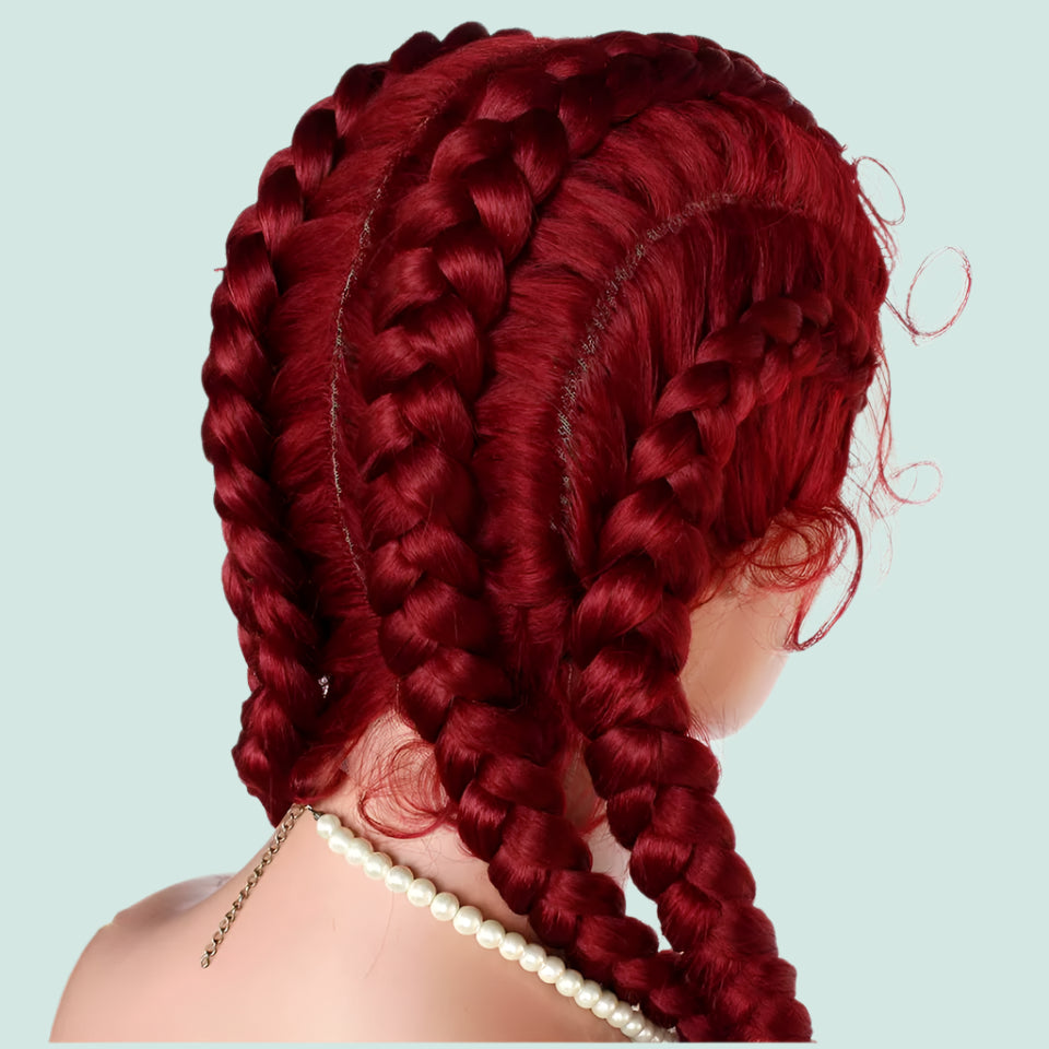 99J Burgundy Box Braids Wig | 360 Lace Braided Wig | 4 Braids | Synthetic Hair