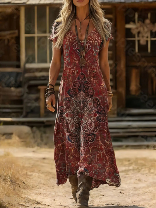 New Style Vintage V-Neck Floral Dress for Women | Spring & Summer Loose Fit Elegant Maxi Dress | Premium Slight-Stretch Ankle-Length Vestido | Classic Print Sleeveless Casual Holiday Gown Luxegan