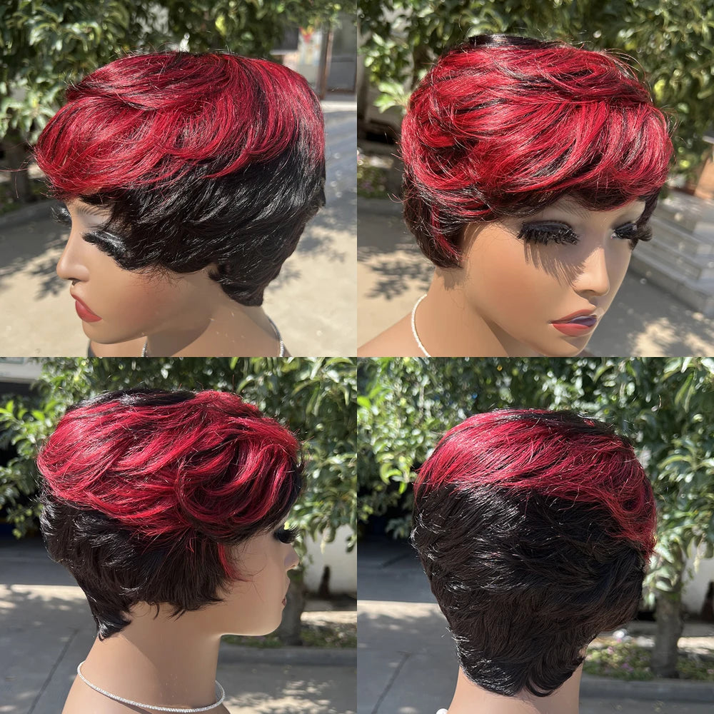 Short Pixie Cut Wig Human Hair | Machine Made Wig with Bangs | Brazilian Remy Hair | Pixie Wig for Black Women