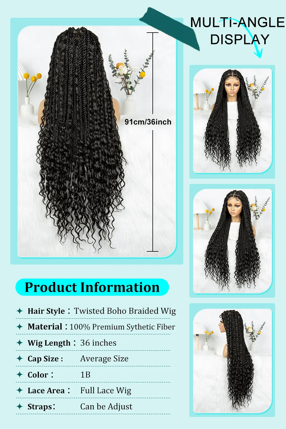 36" Long Island Twist Braided Wig - Knotless Synthetic Full Lace with Baby Hair Luxegan