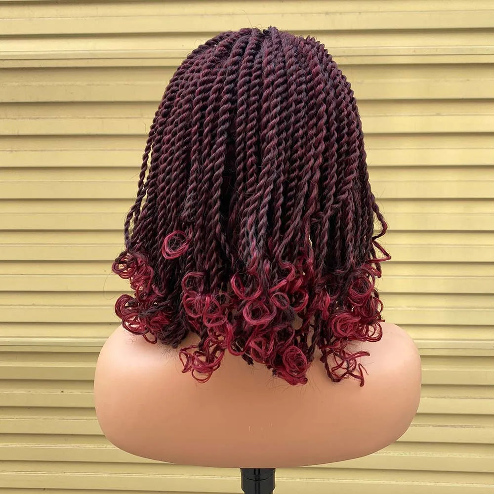 Ombre Red Box Braided Bob Wig | Short Crochet Braids | Kinky Twist Style | Heat Resistant Synthetic Hair | African Braiding Wig - Luxegan