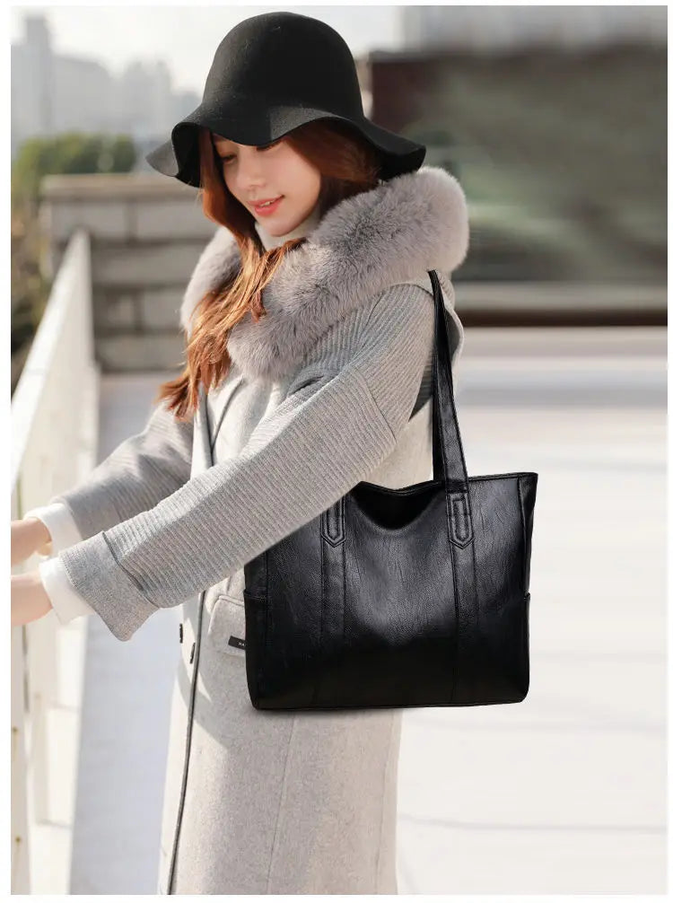 Women’s Vintage PU Leather Large Capacity Tote | Structured Box Shoulder Bag & Crossbody | Minimalist Synthetic Leather Travel Handbag Luxegan