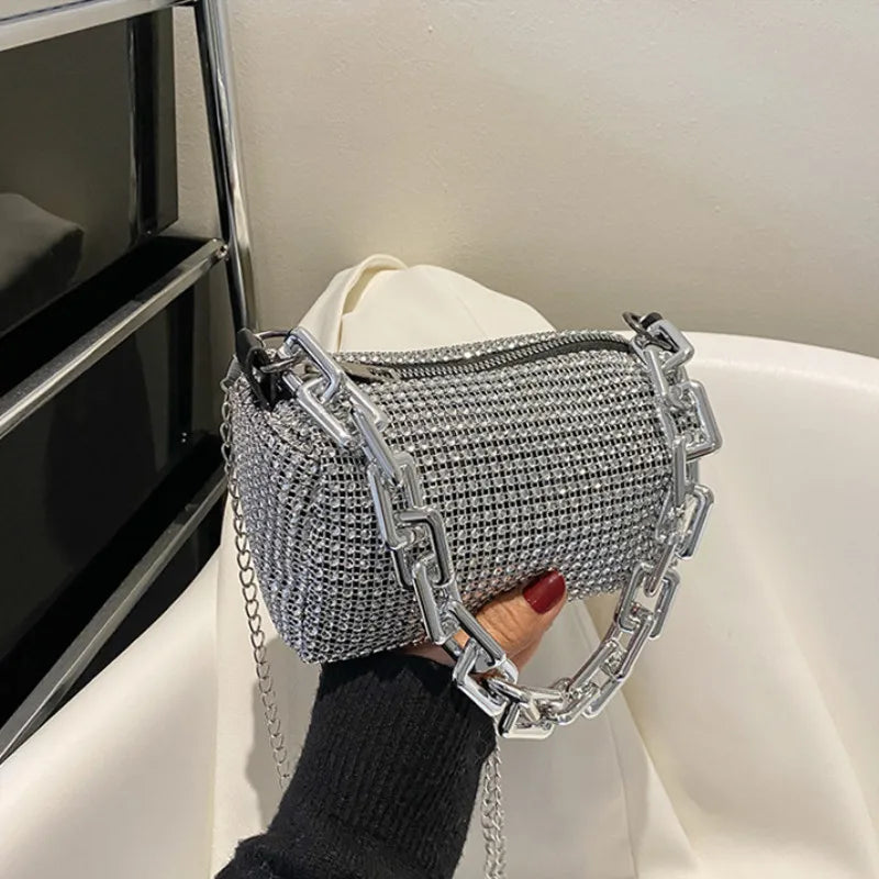 Allover Rhinestone Bucket Bag | Glitter Chain Prom Purse & Women's Mini Crossbody Bag (Sparkling Evening Handbag) Luxegan