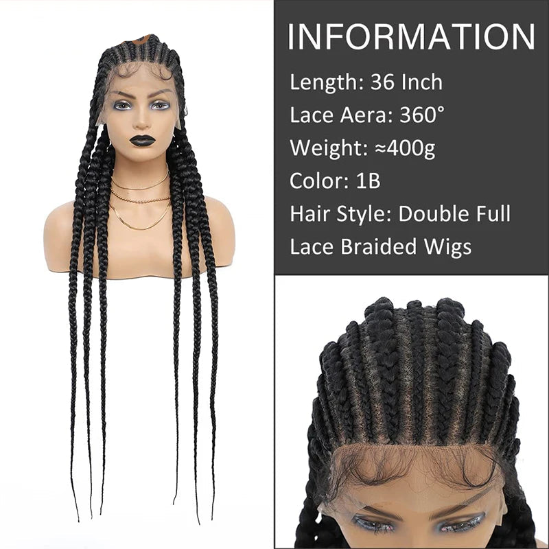 36" Jumbo Cornrow Braided Wig | Full Lace Synthetic Wig | Knotless Box Braids, Lace Frontal, Black Women