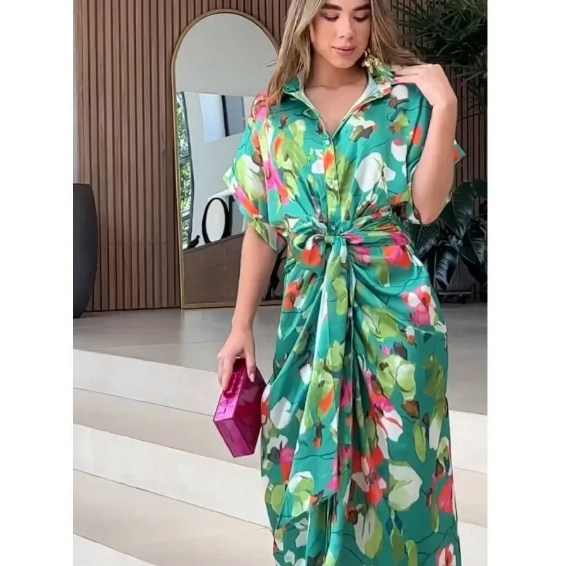 Printed Patchwork Shirt Dress – Turn-Down Collar, Belted, Short Sleeve, A-Line Luxegan