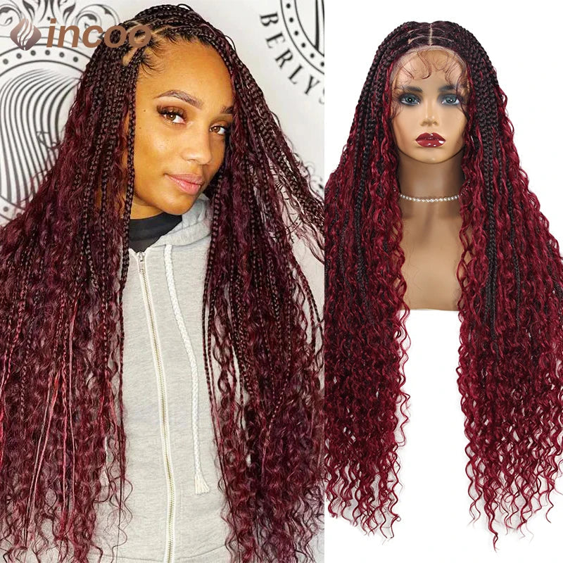 Boho Box Braided Wigs Curly Hair Synthetic Full Lace Front Wigs for Women Goddess Locs Braid Wig Burgundy Bohemian Box Braid Wig Luxegan