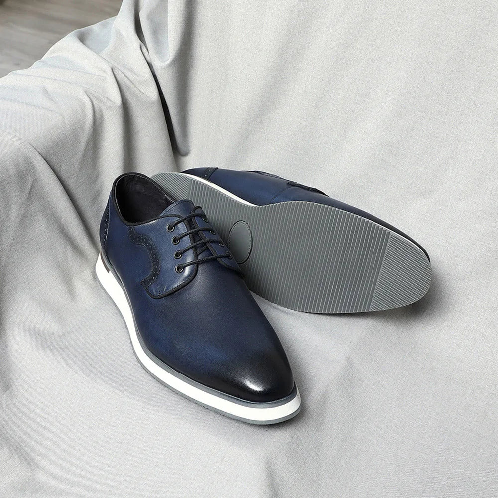 Men's Blue & Black Genuine Leather Derby Dress Shoes | Classic Casual & Business Oxfords (Breathable) Luxegan