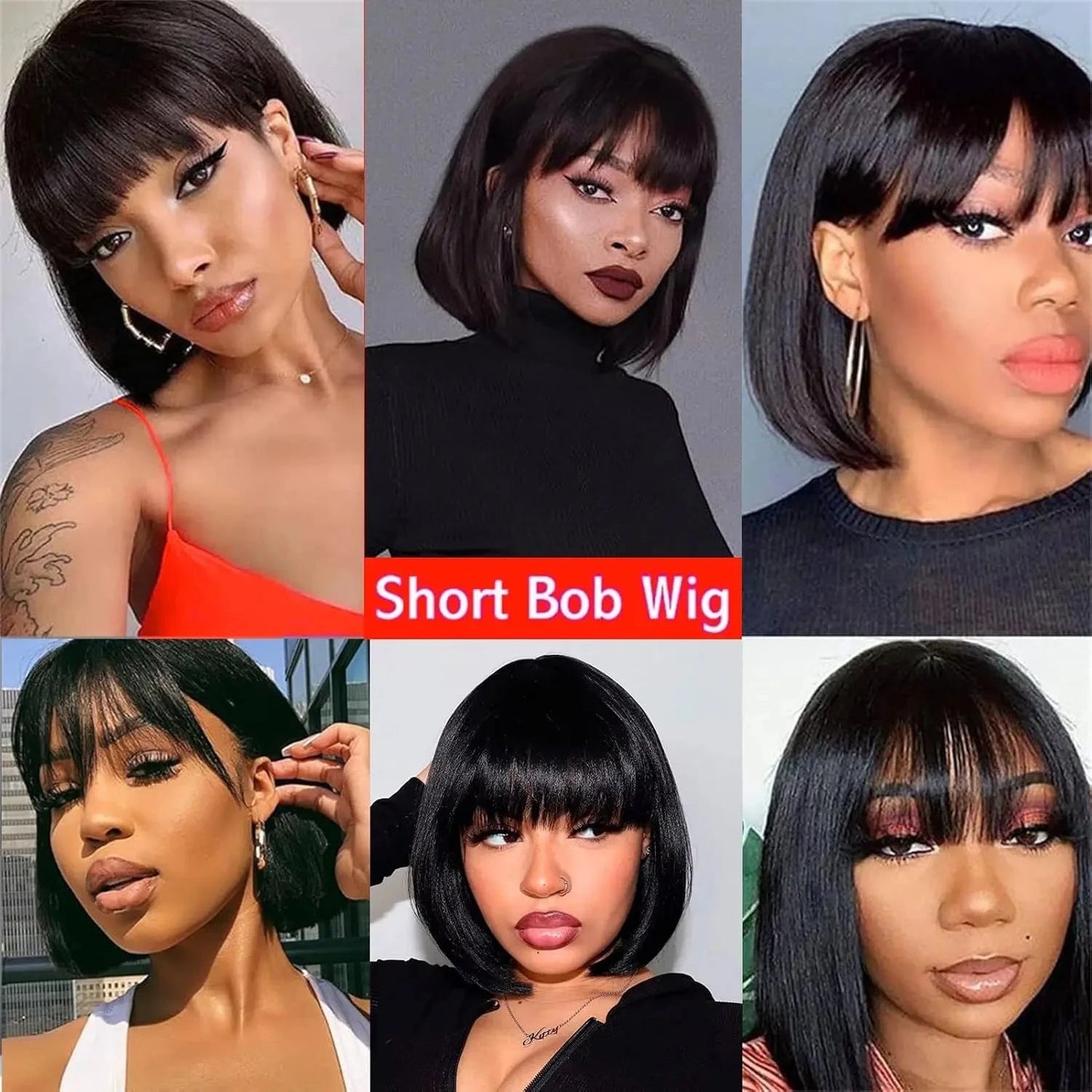 Brazilian | Remy | 100% Human Hair | Natural | Black | Put On and Go | Realistic | Glueless | Transparent | Yaki Straight | Bob with Bangs Luxegan