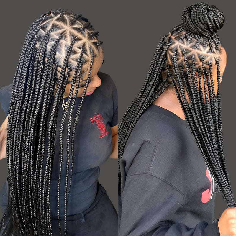 26" Triangle Box Braids Wig | Cornrow Accents | Knotless Braids | Lace Frontal | Synthetic Hair | Black Women
